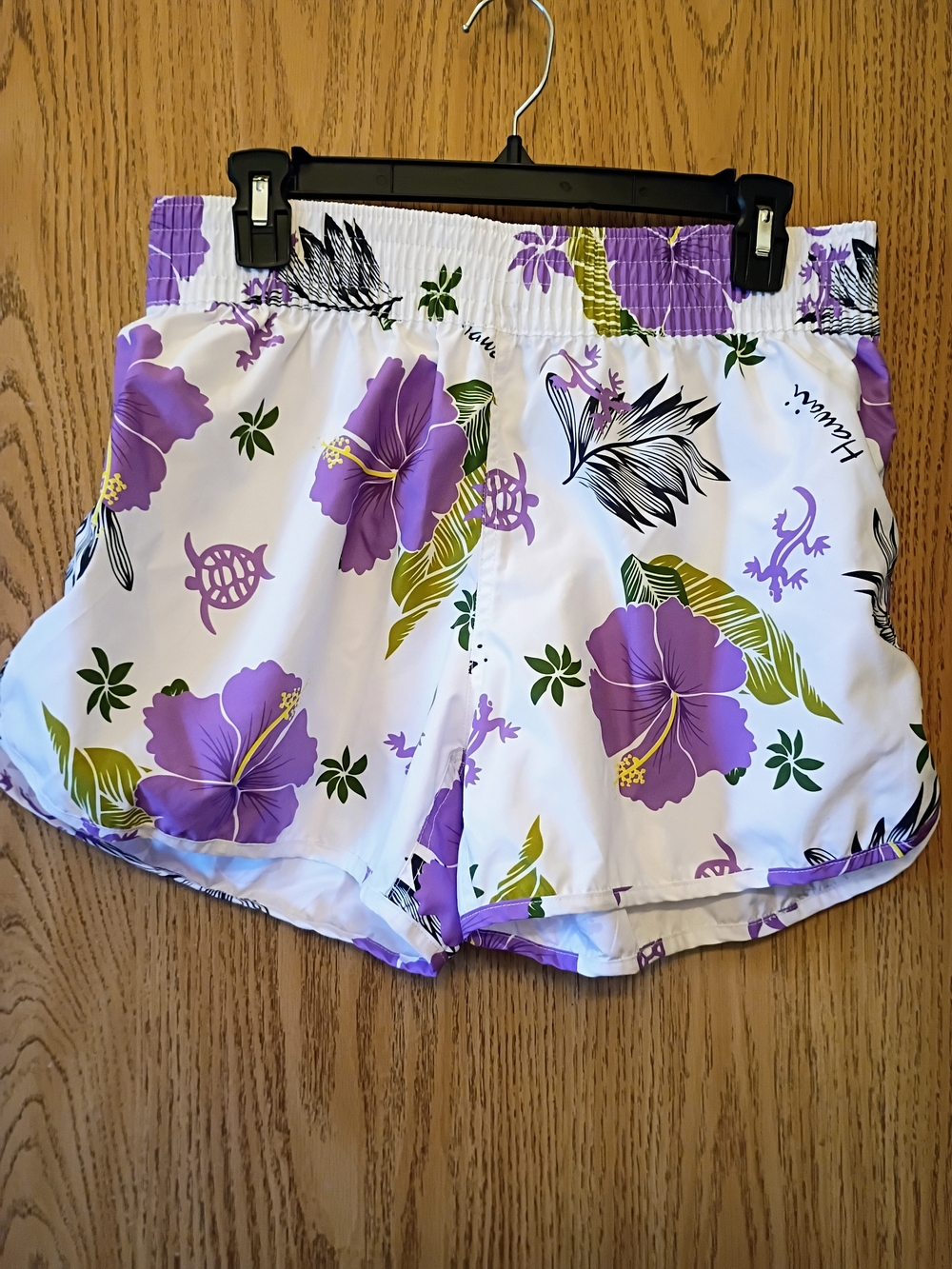 Women’s White Floral Beach Shorts with Purple Hibiscus